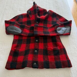 Vintage Polo Ralph Lauren Buffalo Plaid Cardigan & Black leather elbow patch